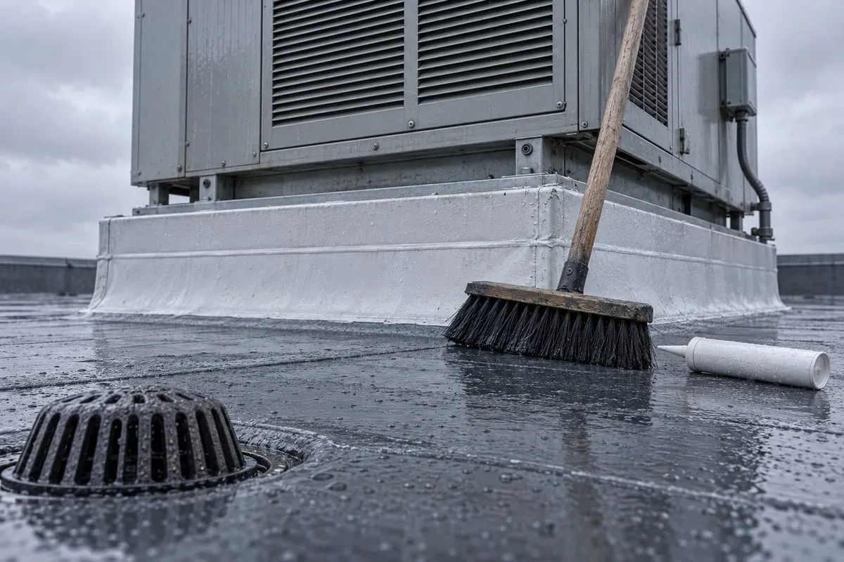 A broom and drain strainer at the base of a rooftop unit on a wet membrane roof.
