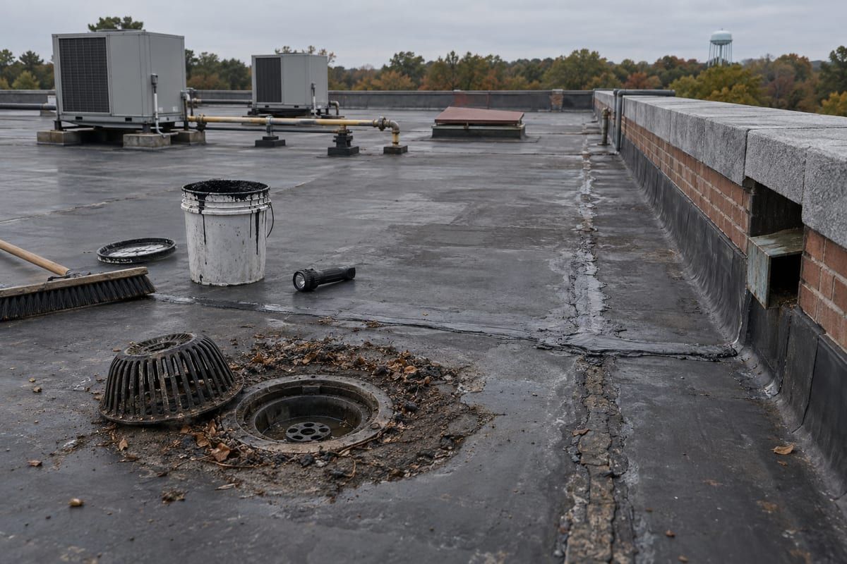 A black membrane flat roof with its drain strainer lifted for cleaning, fresh seam sealant, a bucket, a broom and HVAC units