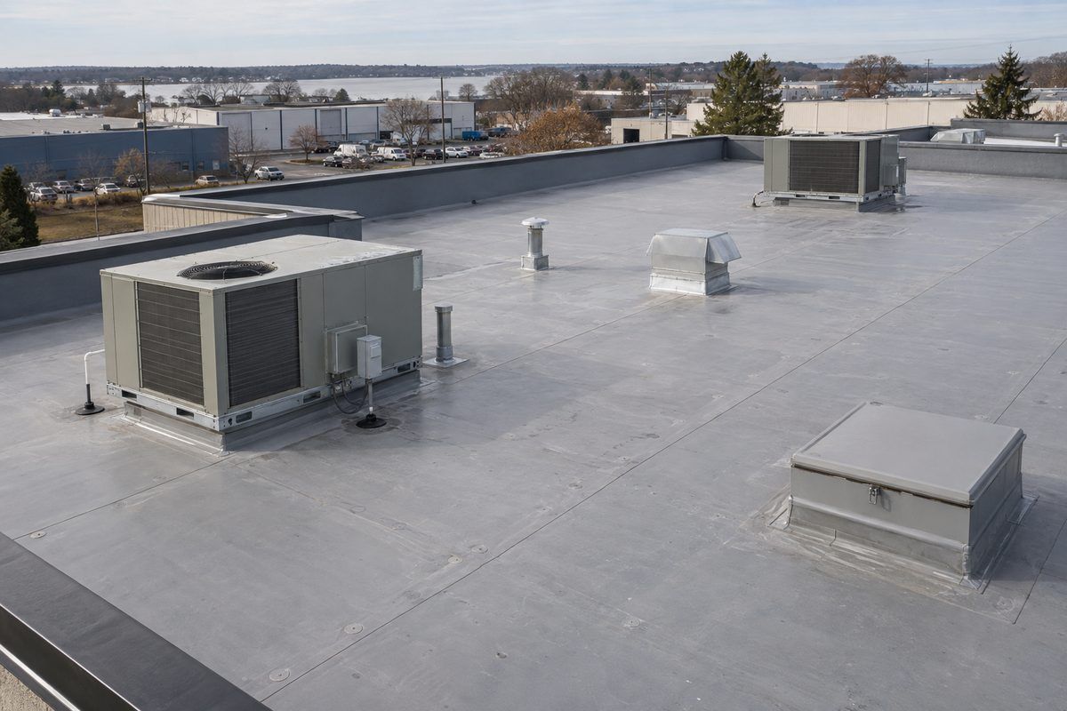 Wide elevated view of a light grey single-ply roof with two rooftop units, vents and a roof hatch.