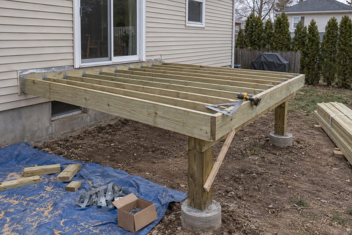 A pressure-treated deck frame, no boards laid yet, with joists on metal hangers, a ledger at the house and posts on concrete footings