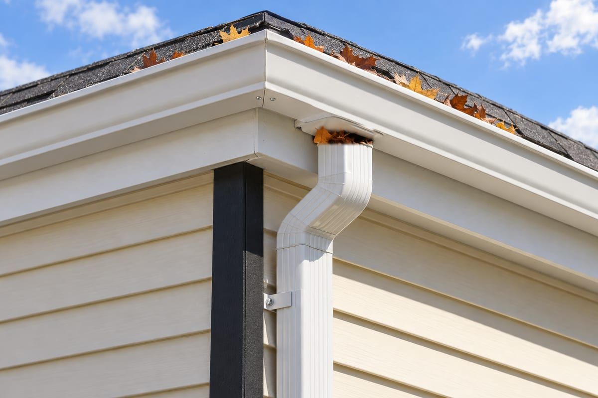 A white seamless gutter corner and downspout on cream siding against a blue sky.