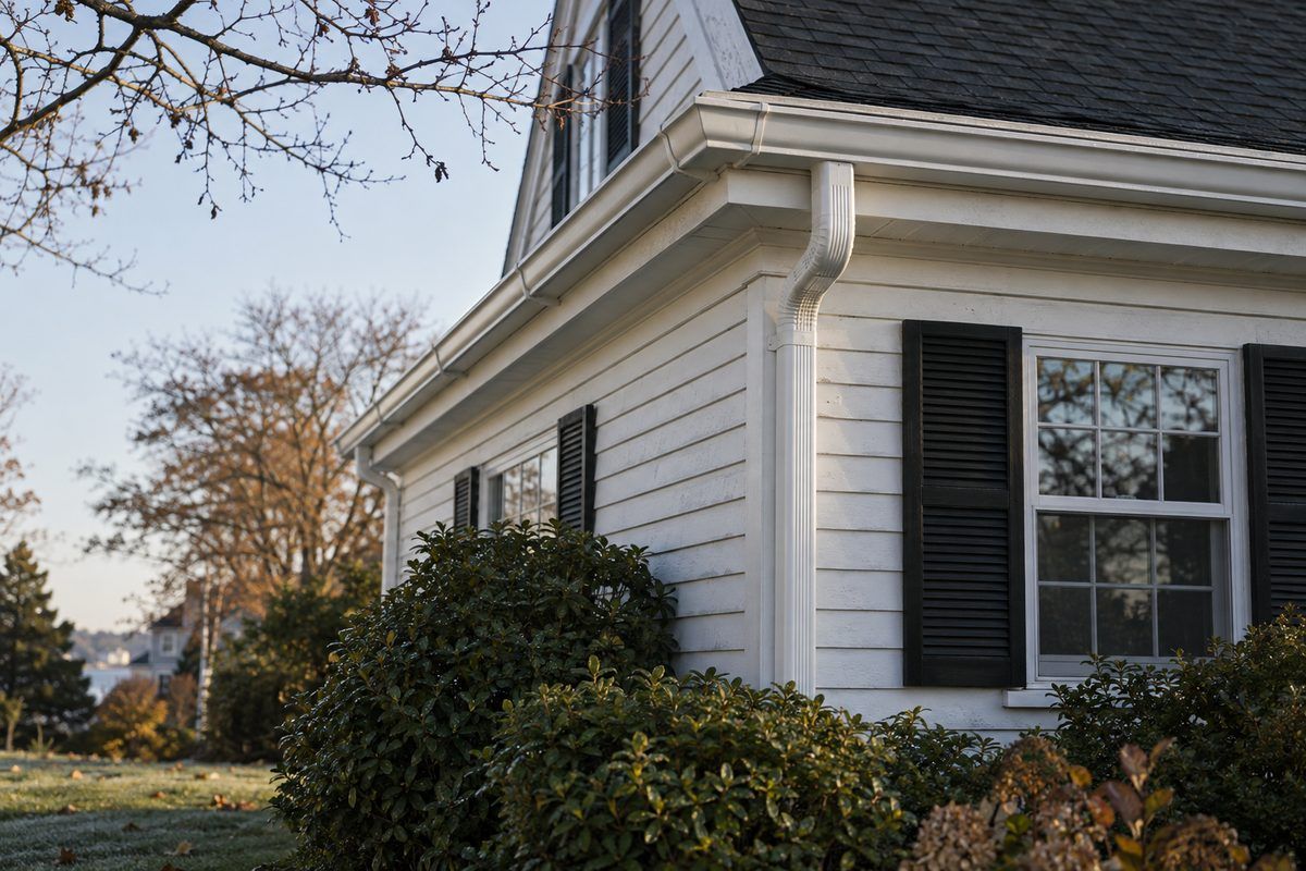 A seamless white gutter and downspout at the corner of a white clapboard house with black shutters and shrubs