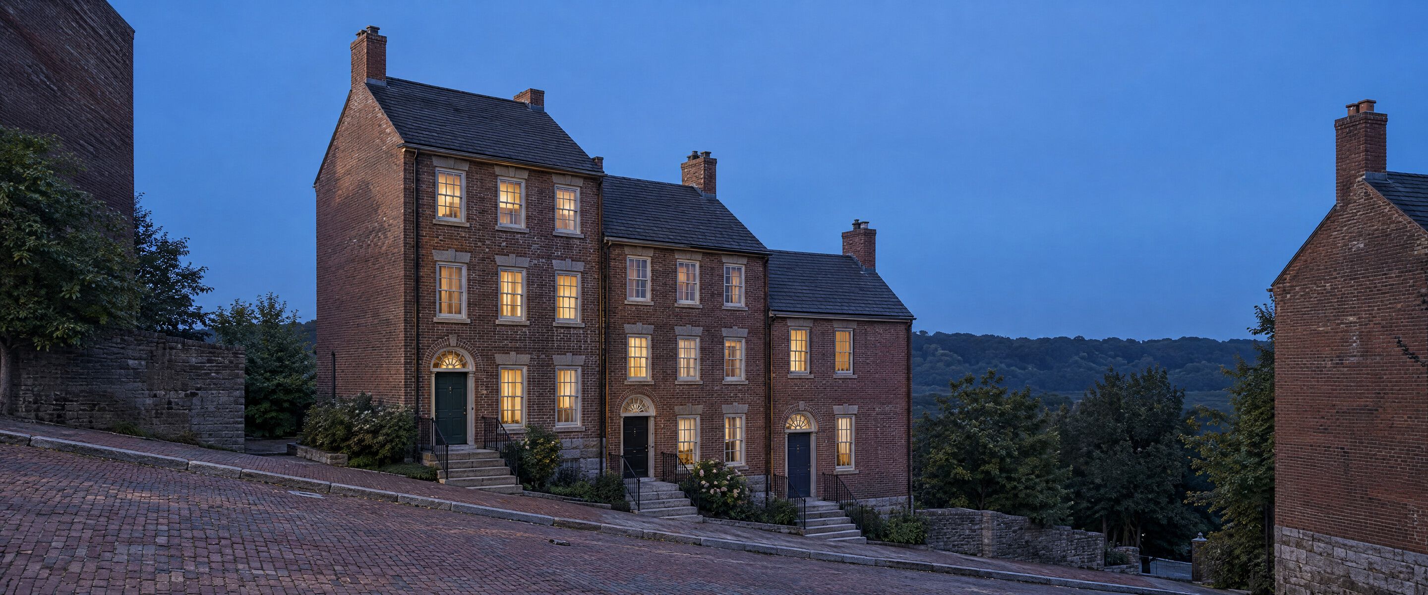 A row of red-brick Federal townhouses with granite steps and warm lit windows on a steep New England street at dusk