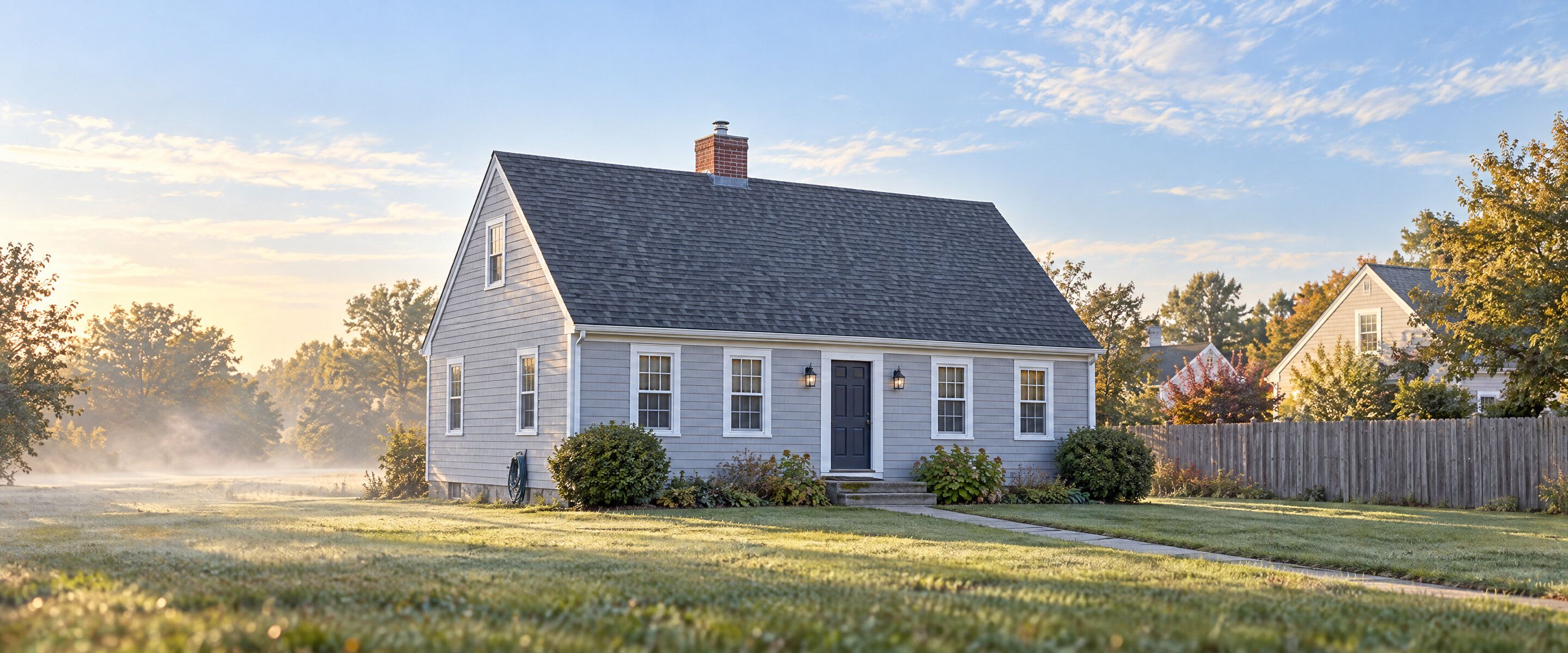 A grey-shingled Cape Cod house with white trim and a steep charcoal shingle roof on a green lawn in New England