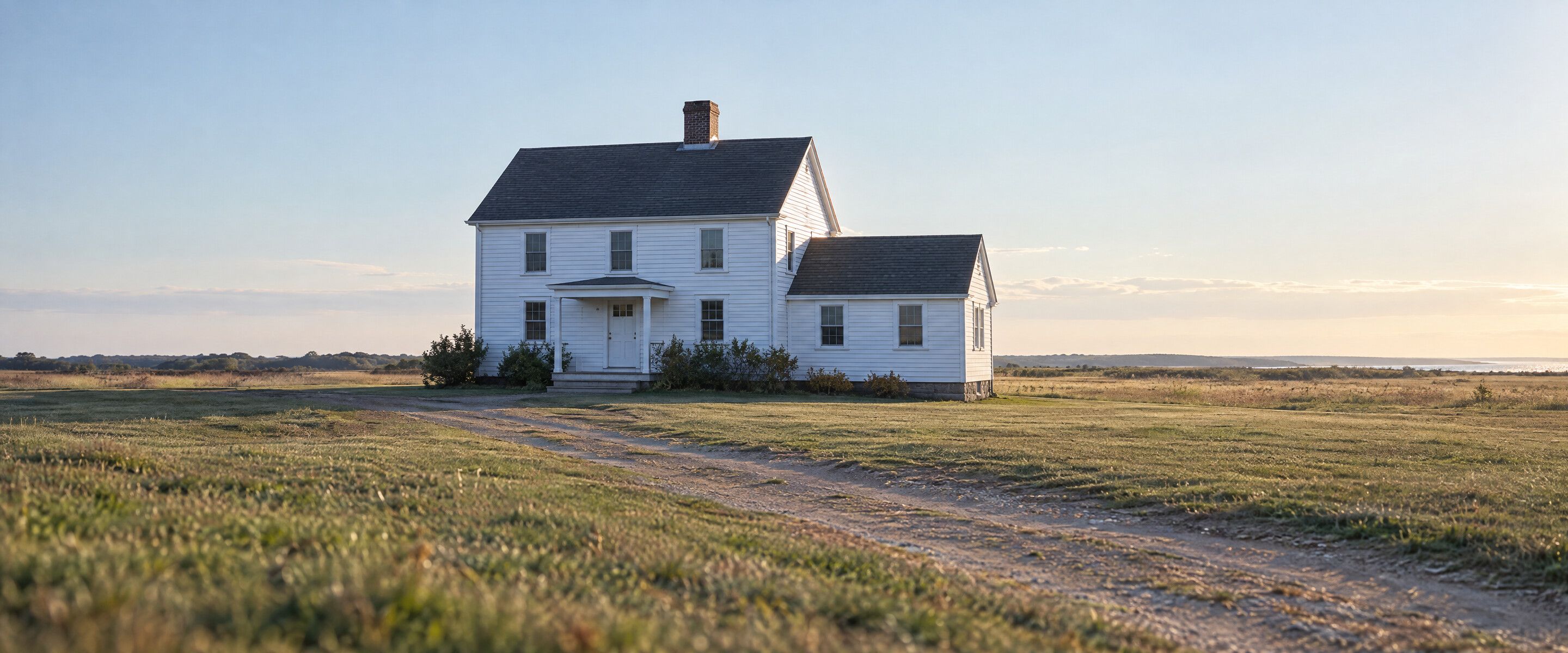 A white farmhouse with a long gable roof and a charcoal shingle roof on a wide green lot with stone walls and trees in New England