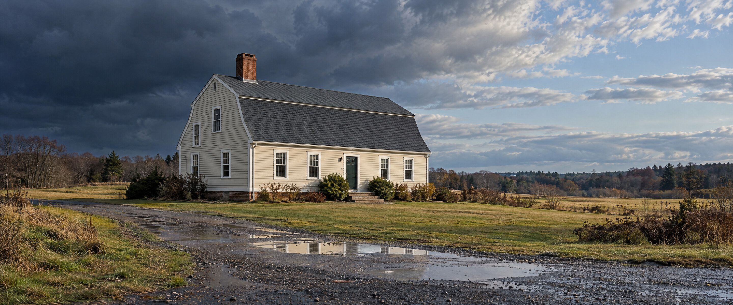 A gambrel-roofed house in weathered grey shingles with a charcoal shingle roof on a grassy lot in New England at morning