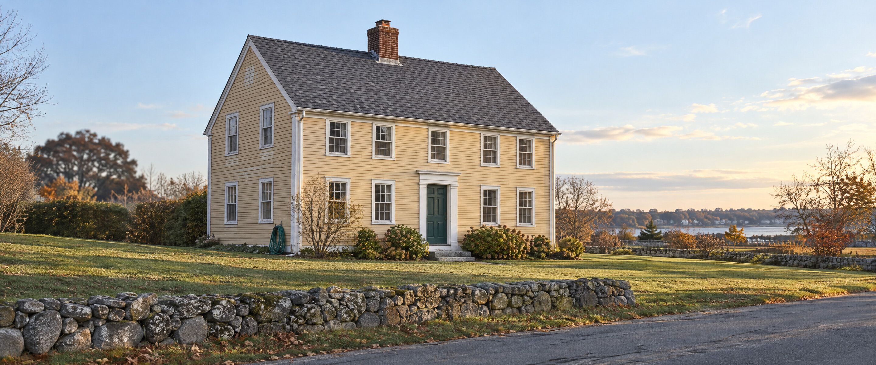 A buff-yellow clapboard colonial with a slate-grey roof and brick chimney beside a fieldstone wall on a quiet New England road