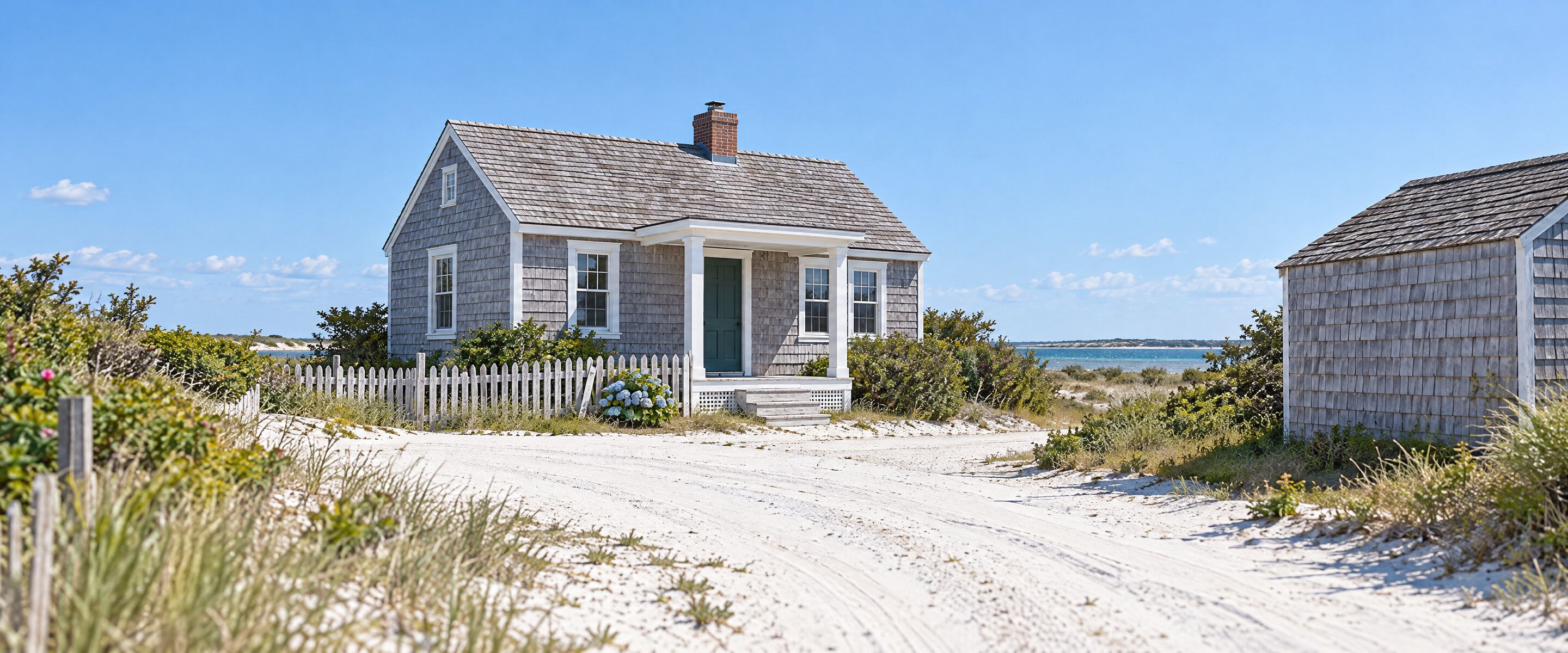 A small weathered cedar-shingle cottage with a white picket fence and a sand lane under a bright sky in coastal Rhode Island