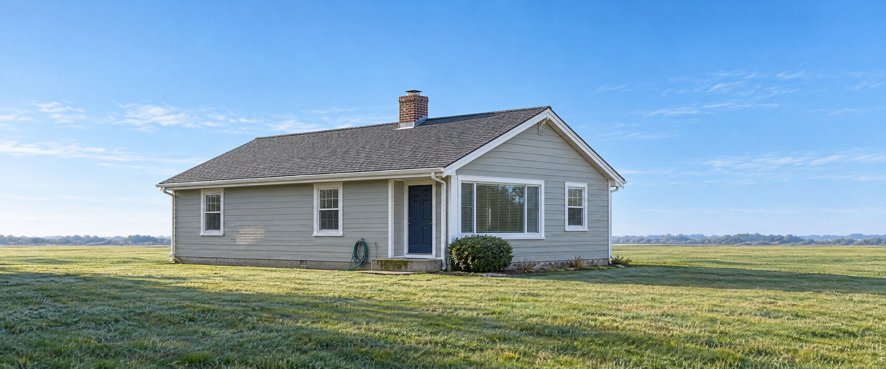 A long low ranch house in pale grey siding under a charcoal shingle roof on a grassy suburban lot in New England at morning