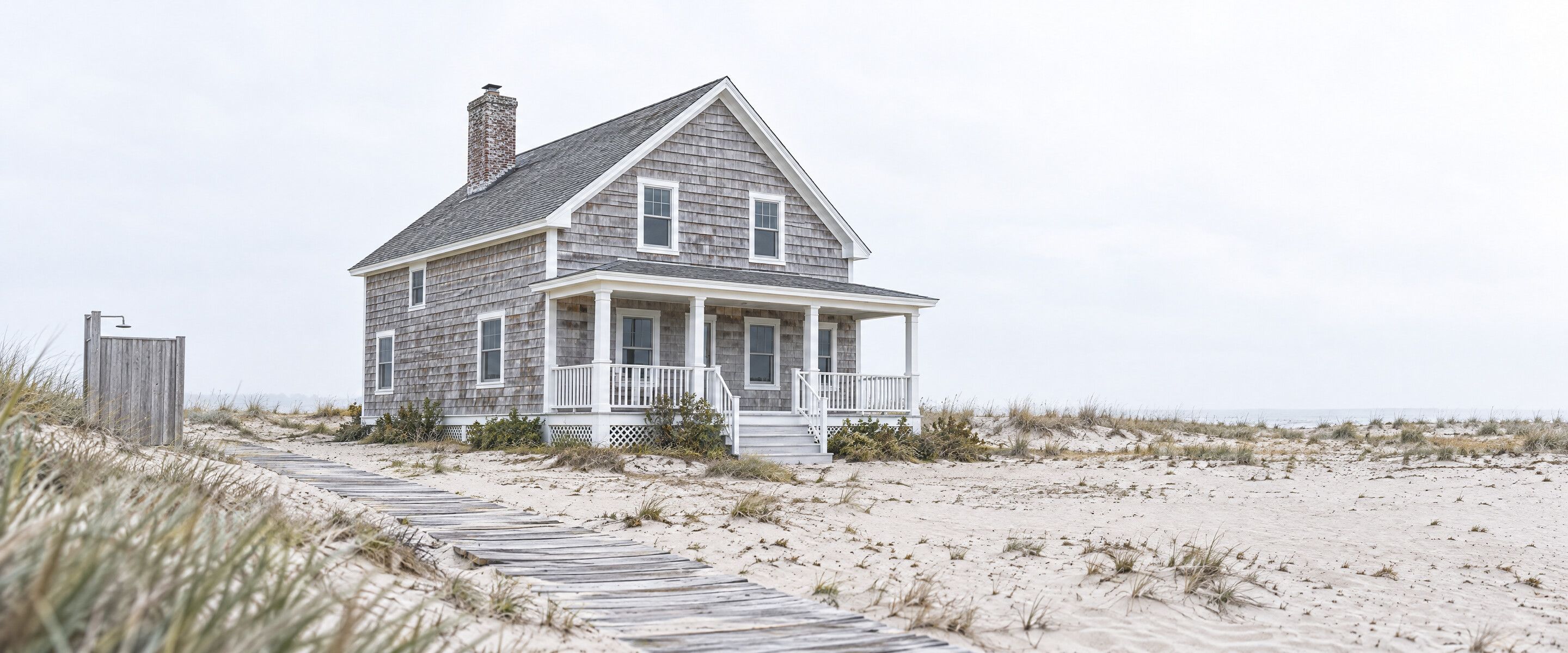 A grey shingle-sided coastal house with white trim under a weathered cedar-look roof, set among beach grass and low shrubs on a bright morning