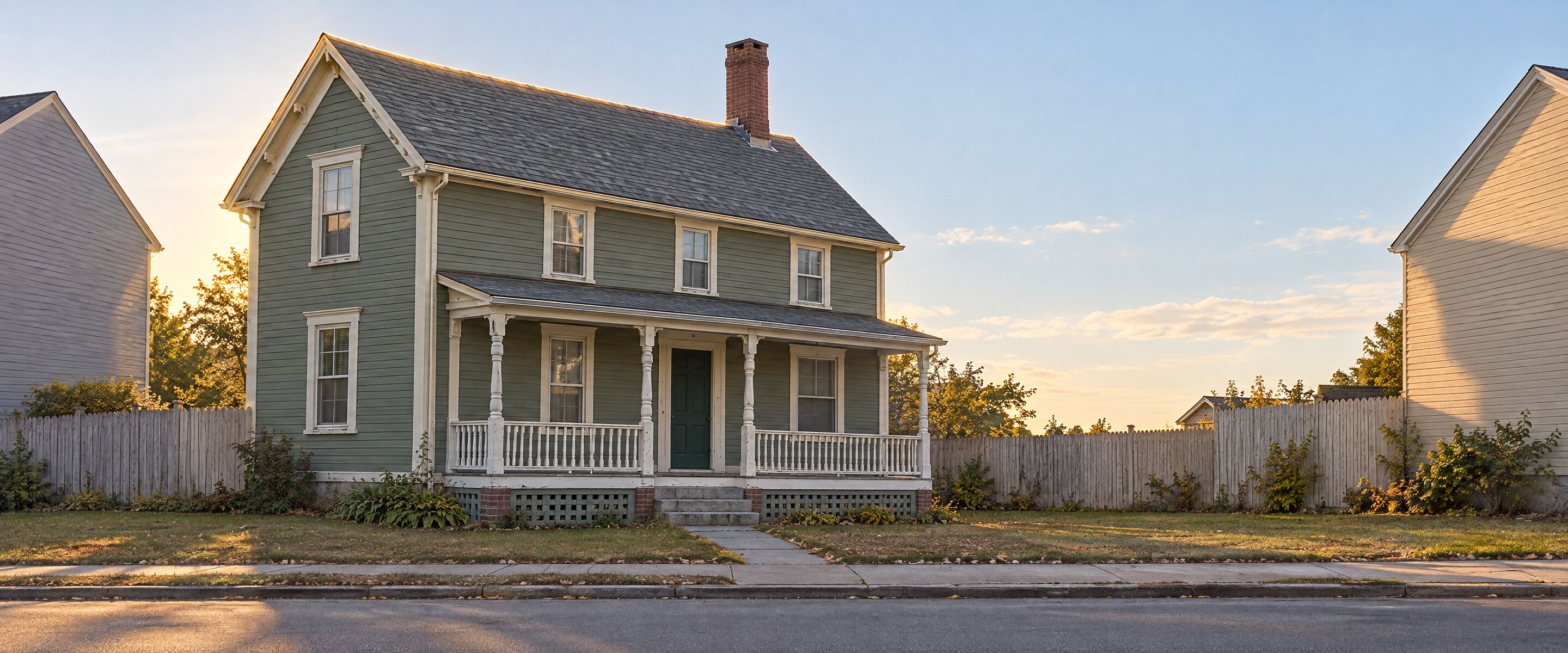 A sage-green Victorian with a wraparound porch and a charcoal shingle roof on a Rhode Island street at golden hour
