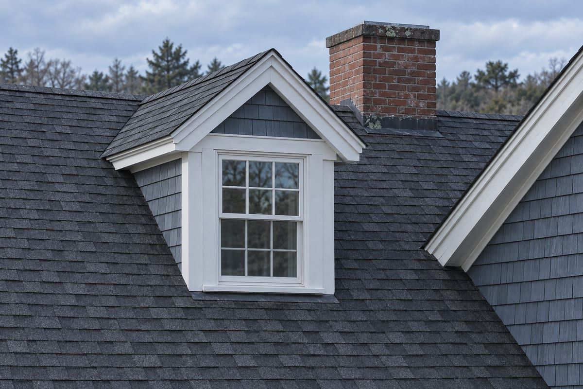 A finished dark architectural-shingle roof with a white-trimmed dormer and a brick chimney.