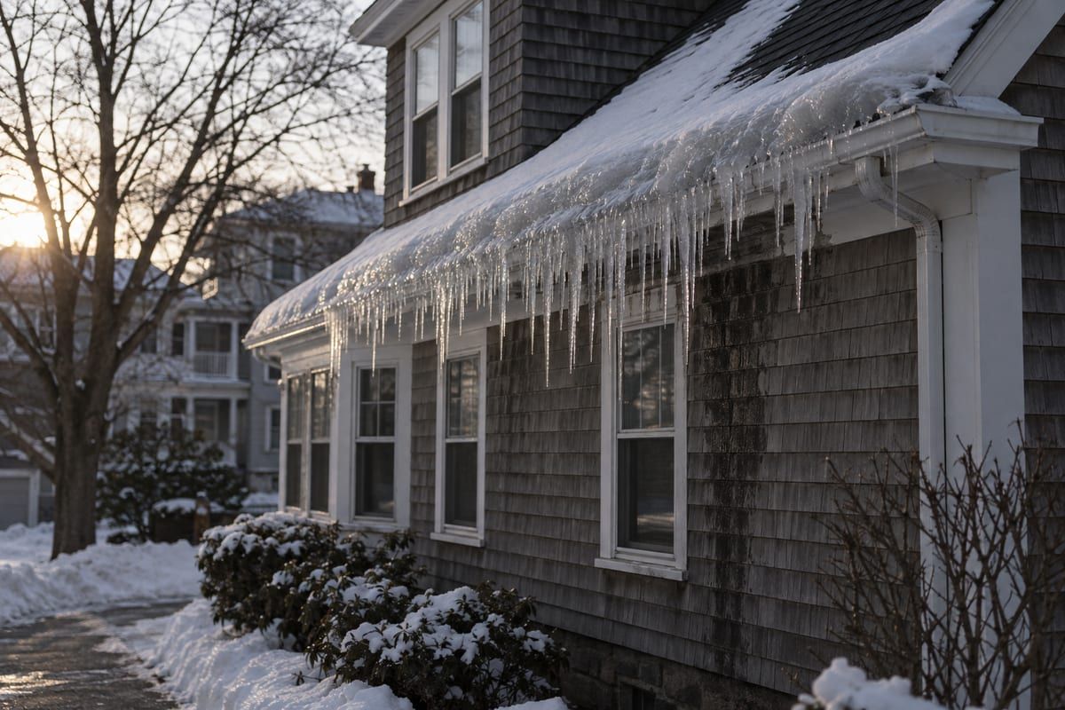An ice dam and long icicles along the gutter of a shingle-sided house, with snow banked below the eave.