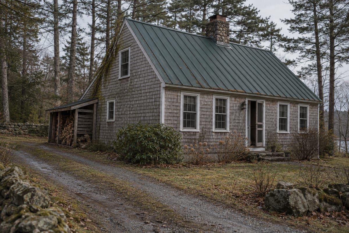 A weathered cedar-shingled cape with a dark green standing-seam metal roof and a fieldstone chimney among tall pines