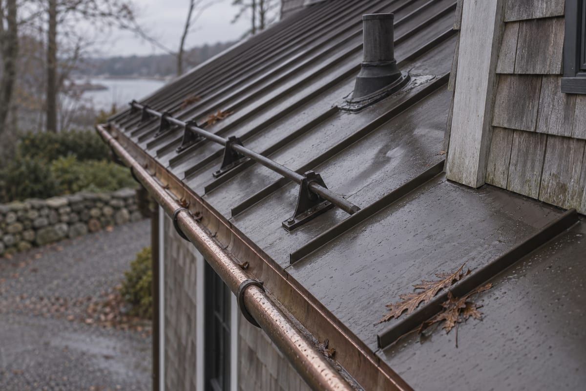 Close view of a standing-seam metal roof with a snow-guard rail, a pipe boot and a round gutter above the bay.