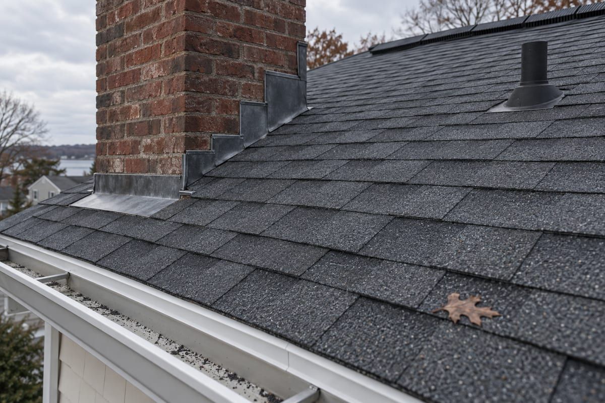 Dark architectural shingle courses running to a brick chimney with step flashing and a gutter below.