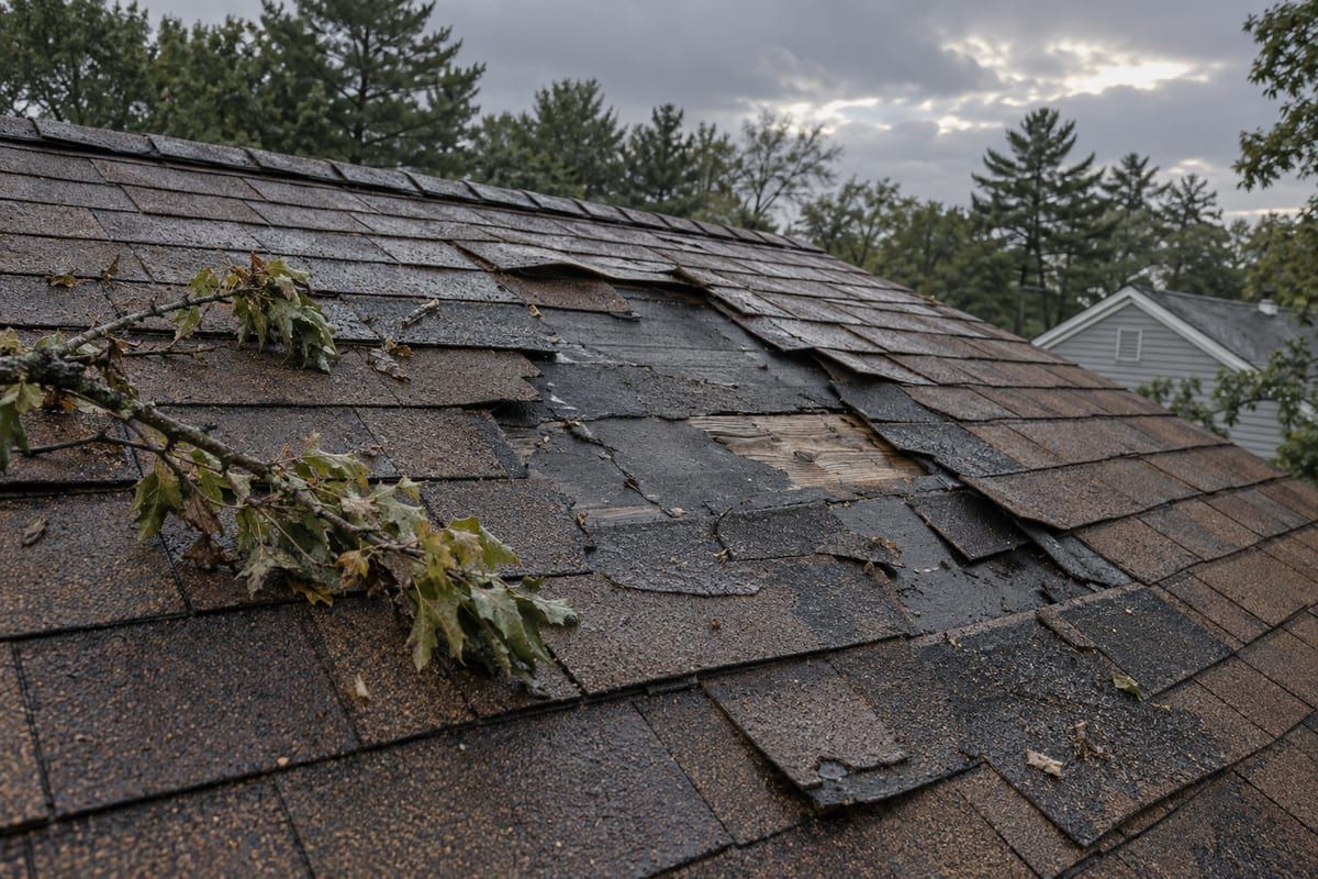 Wind-torn three-tab shingles exposing black felt and a bare plank on a wet brown roof, with a broken oak twig across the slope