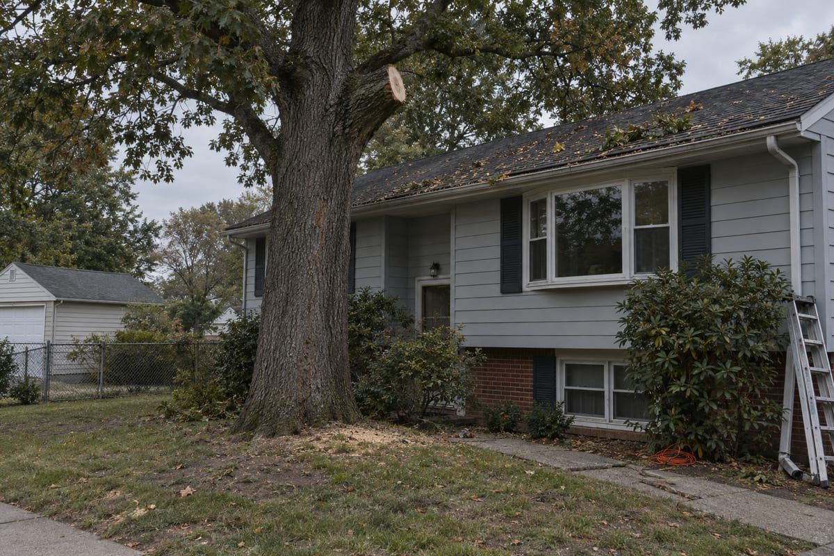 A mature oak with one limb cut back to a stub above the shingle roof of a split-level house, with leaves in the gutter and sawdust on the lawn