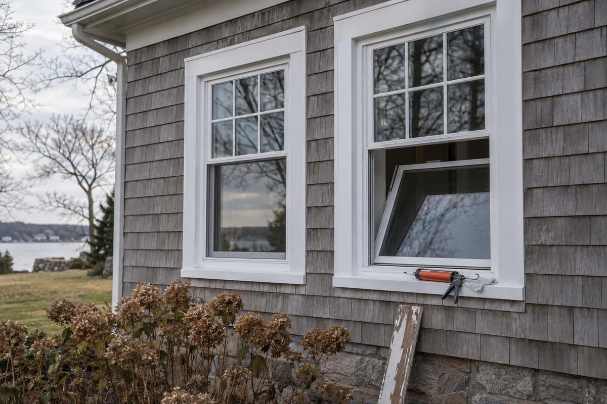 Two new white double-hung windows with six-over-one grilles in a cedar-shingle wall, one sash tilted in and a caulk gun on the sill